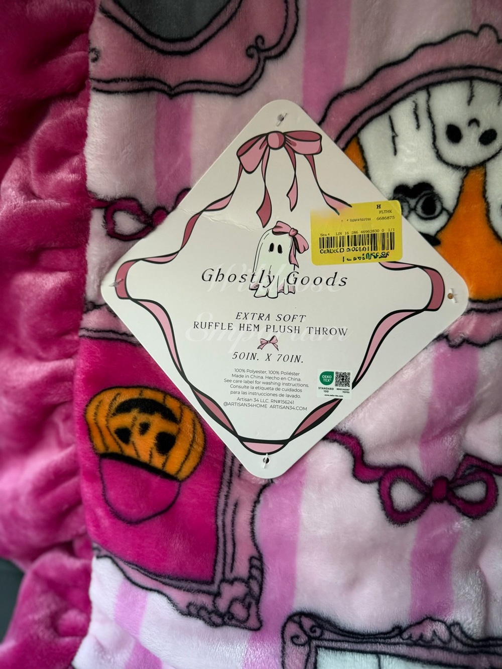 Pink ruffle Halloween throw blanket bows ghosts coffee skeleton vintage style - Picture 12 of 14